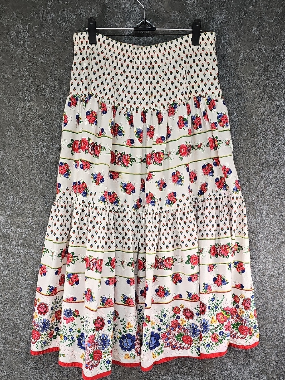 Vtg Liz Sport Floral Tiered Skirt, Cotton, Red White Blue Green, Size L, STAINED